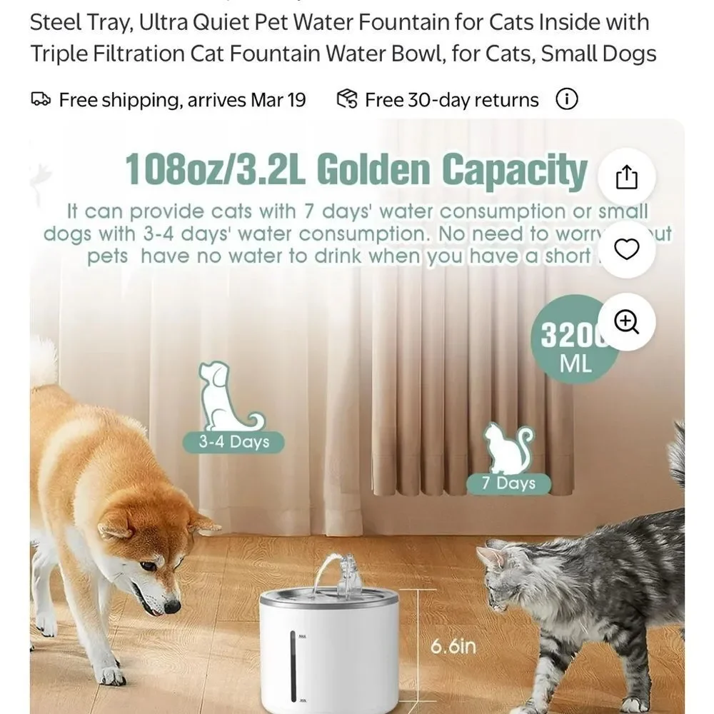 Pet Fountain with Stainless Steel Tray, Automatic Dog / Cat Water Bowl Fountain